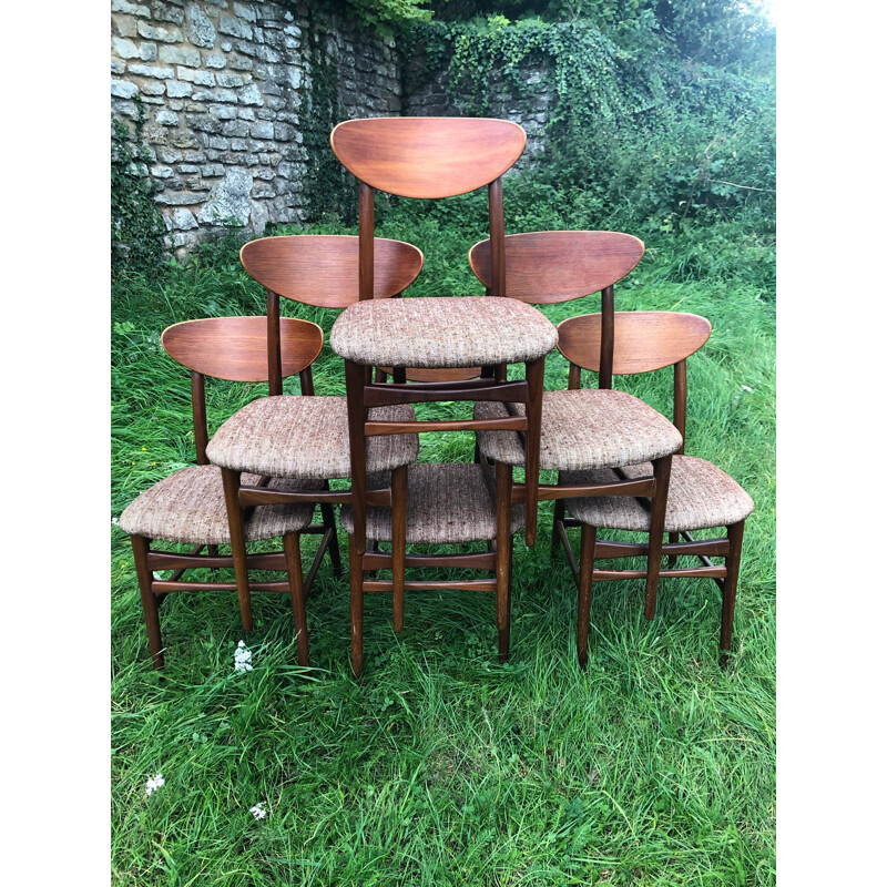 Set of 6 vintage Scandinavian chairs in teak and marled brown and white wool, 1960s