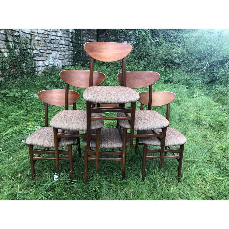 Set of 6 vintage Scandinavian chairs in teak and marled brown and white wool, 1960s