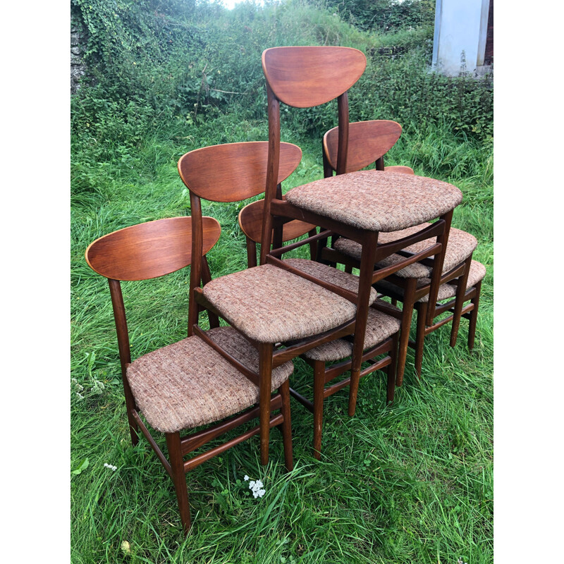 Set of 6 vintage Scandinavian chairs in teak and marled brown and white wool, 1960s