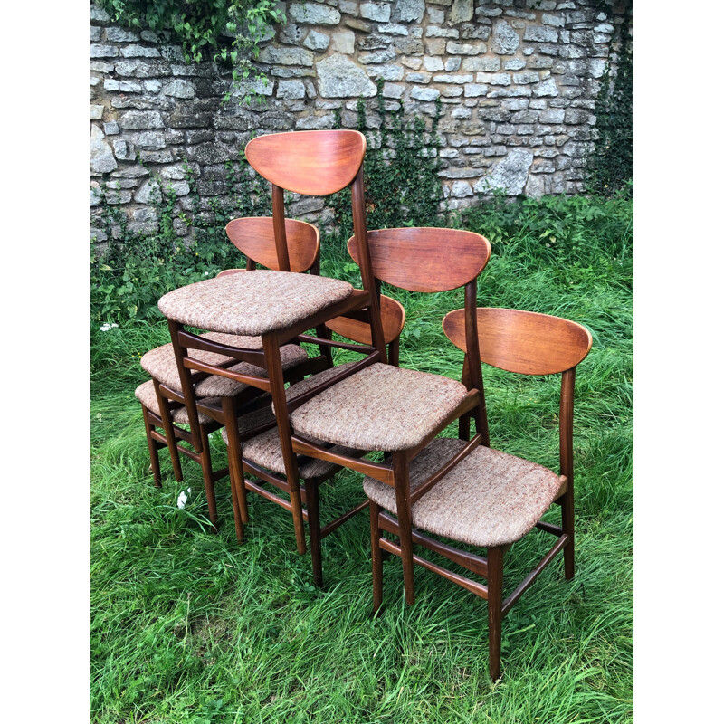 Lot de 6 chaises scandinaves vintage en teck et laine chiné marron et blanc, 1960