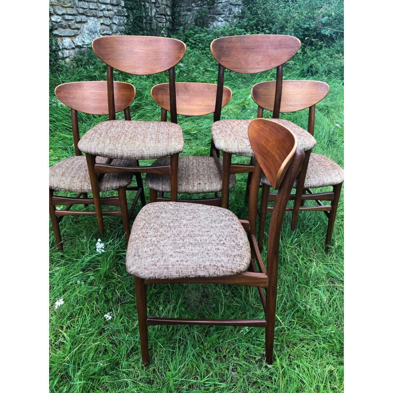 Set of 6 vintage Scandinavian chairs in teak and marled brown and white wool, 1960s