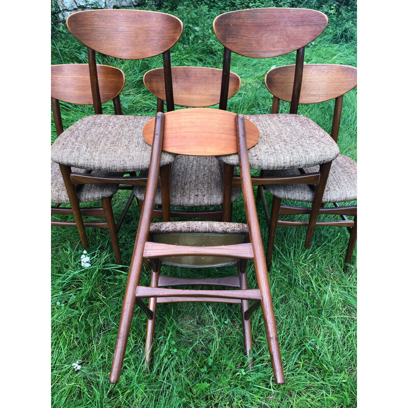 Set of 6 vintage Scandinavian chairs in teak and marled brown and white wool, 1960s