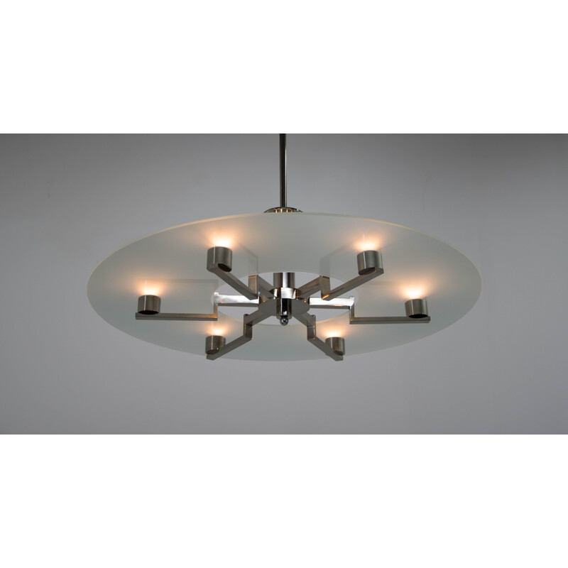 Vintage functionalist 6-flame nickel chandelier, 1930