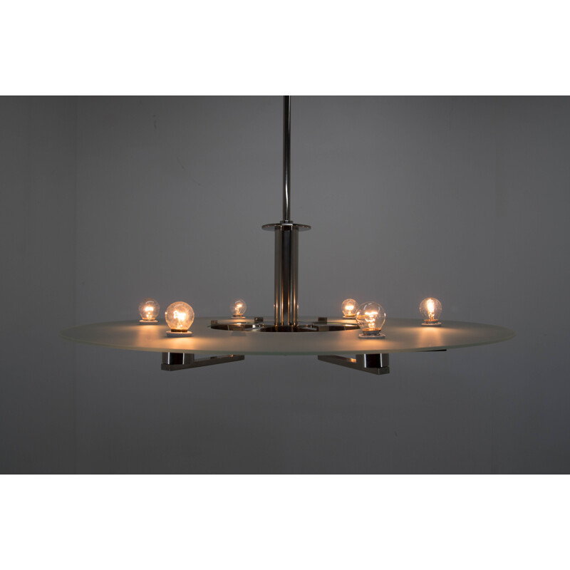 Vintage functionalist 6-flame nickel chandelier, 1930