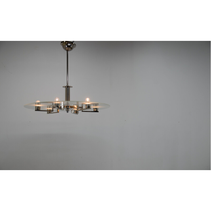 Vintage functionalist 6-flame nickel chandelier, 1930