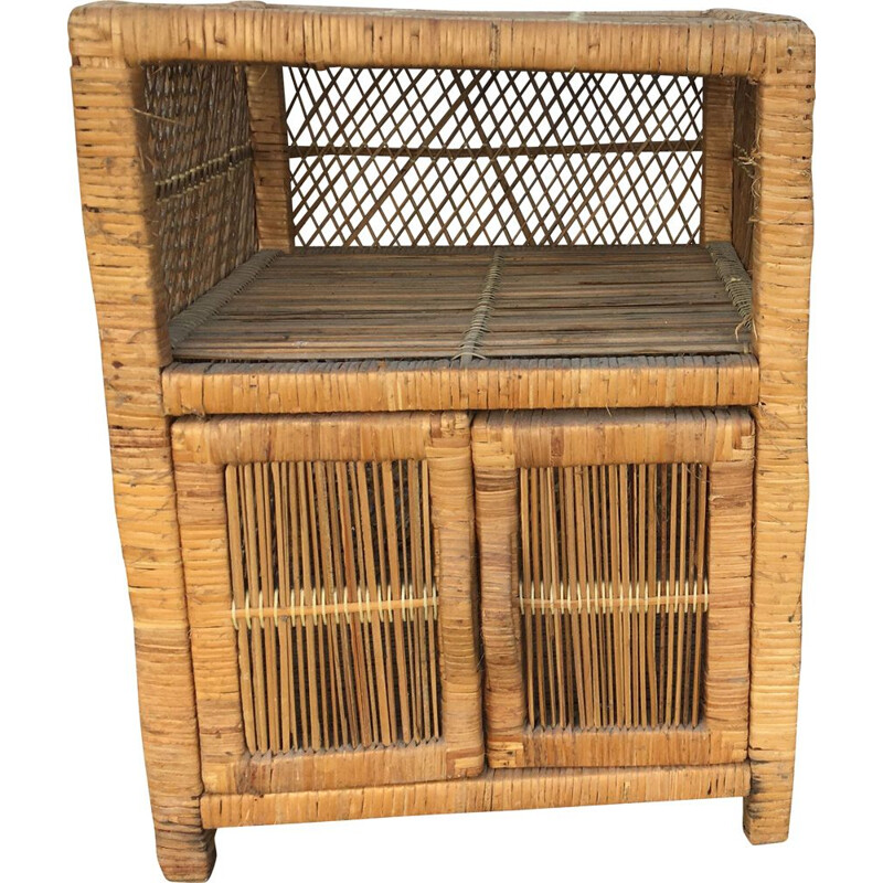 Vintage wicker and bamboo night stand, 1950