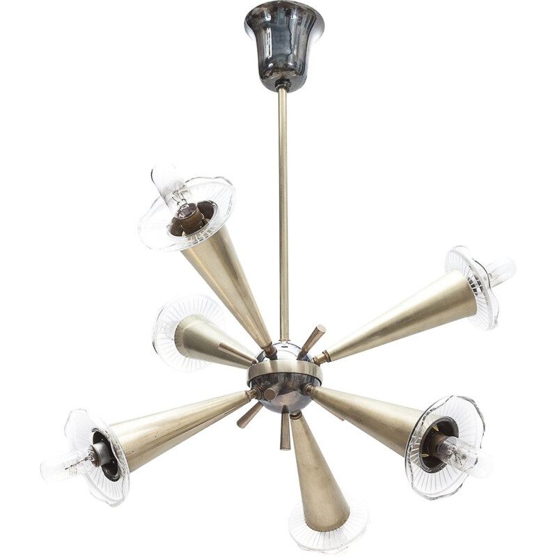 Vintage sputnik chandelier with 6 lights in glass and brass, 1950