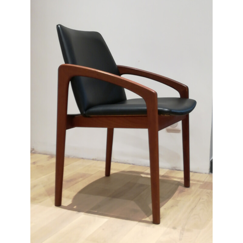 Fauteuil en cuir et teck, Kai KRISTIANSEN - 1960