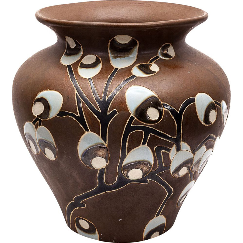 Brown art deco vintage vase with floral design, 1930