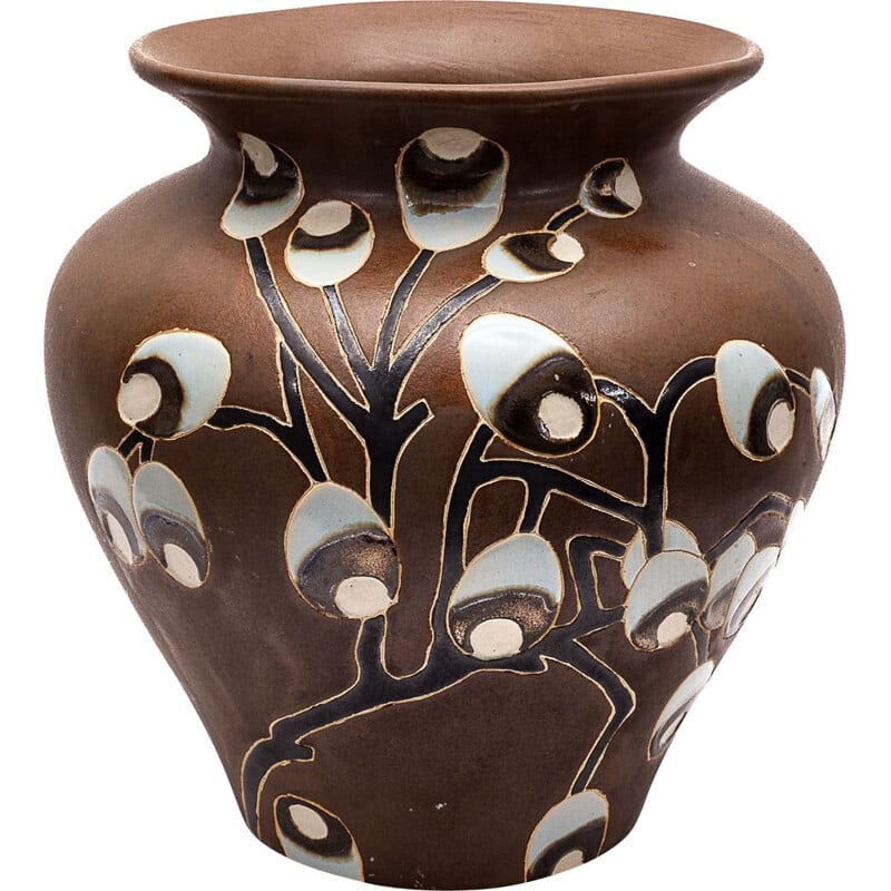 Vase vintage art déco brun à motif floral, 1930