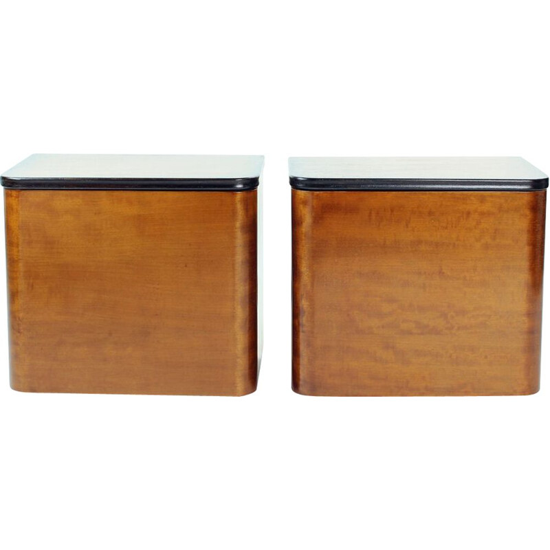 Pair of vintage minimalistic Art Deco night stands in wood, Czechoslovakia 1940s