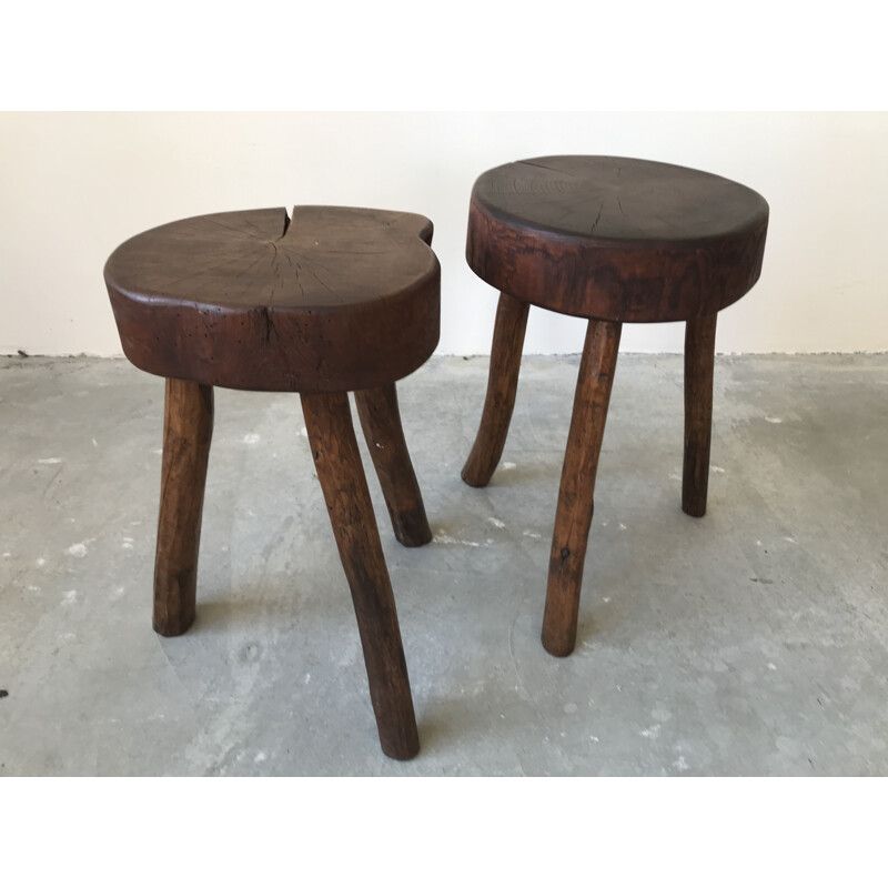 Pair of vintage brutalist stools in solid wood, 1950