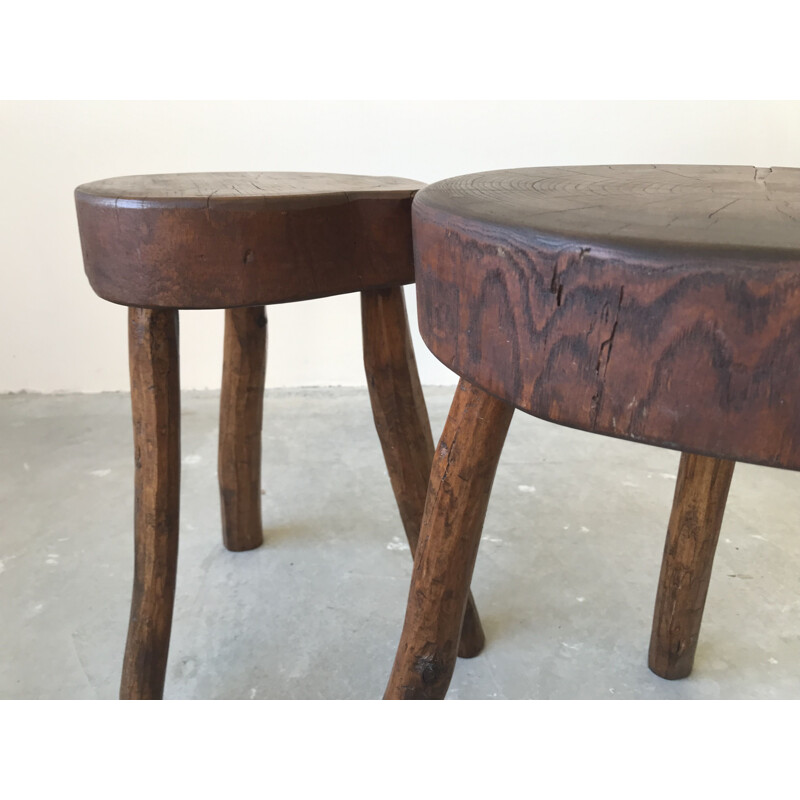 Pair of vintage brutalist stools in solid wood, 1950