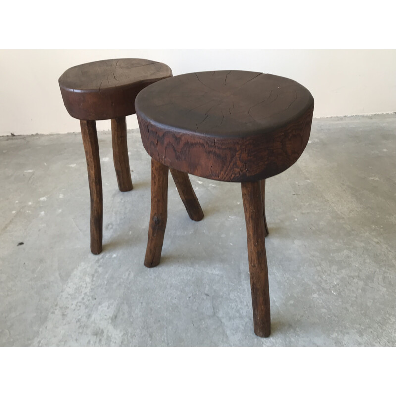 Pair of vintage brutalist stools in solid wood, 1950