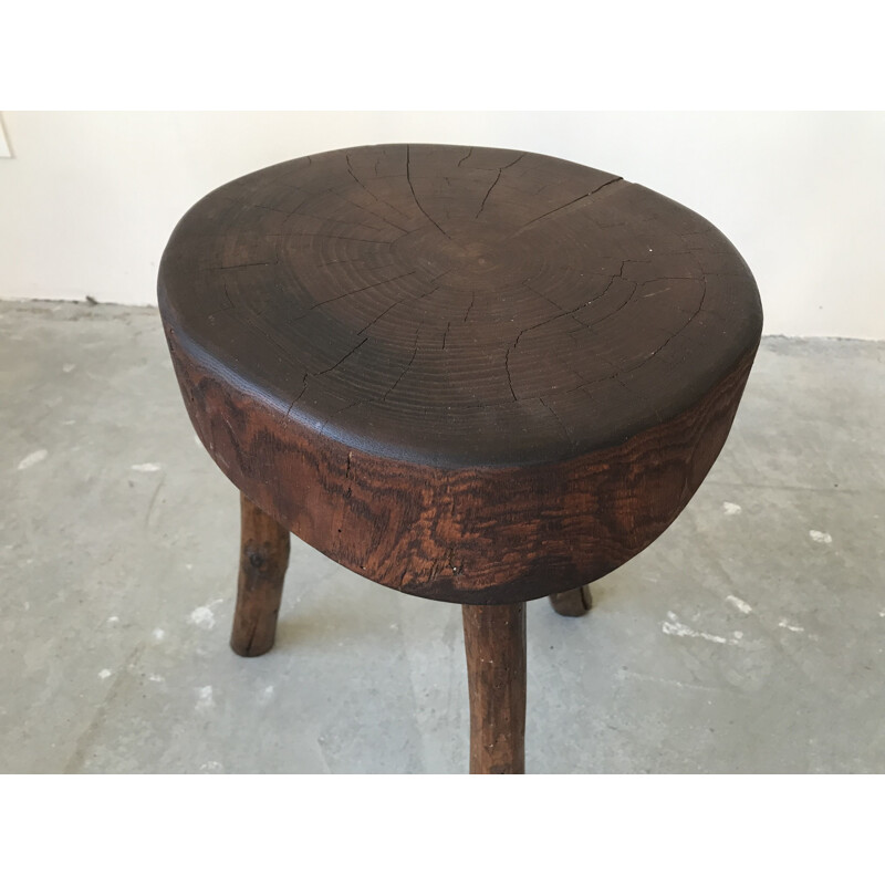 Pair of vintage brutalist stools in solid wood, 1950