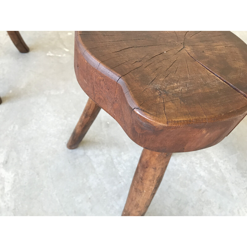 Pair of vintage brutalist stools in solid wood, 1950