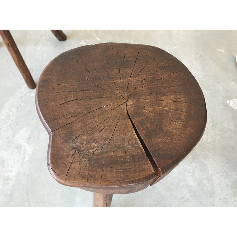 Pair of vintage brutalist stools in solid wood, 1950