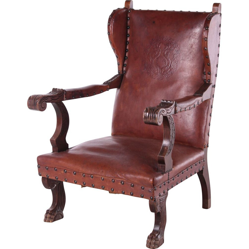 Vintage leather Castle armchair with shell relief, Germany 1950s