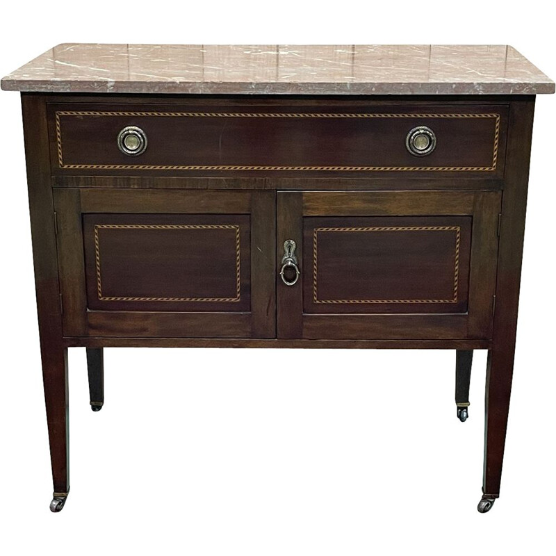 Vintage English mahogany sideboard with marble top, 1930