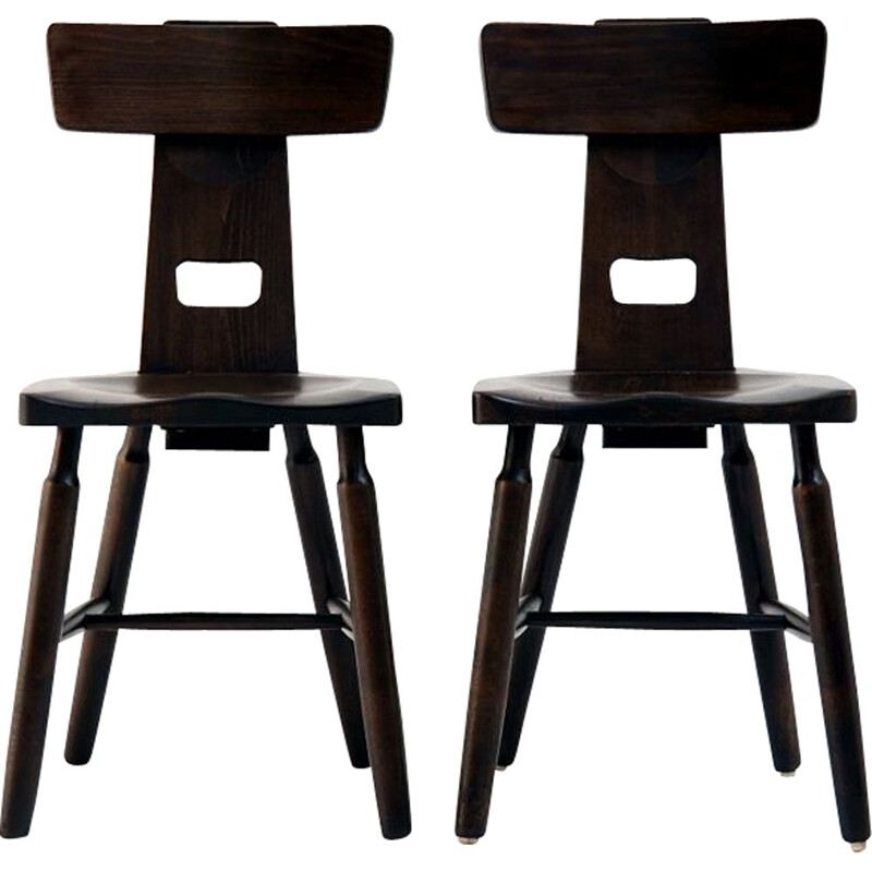 Pair of vintage brutalist side chairs in beech wood, 1960-1970s