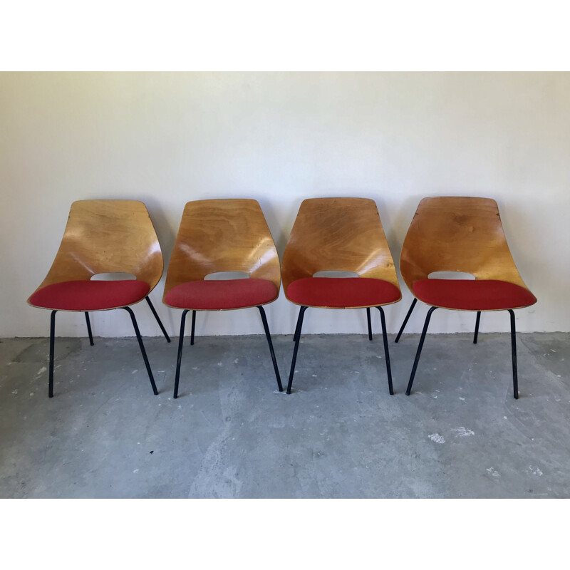 Set of 4 vintage barrel chairs by Pierre Guariche for Steiner, 1950