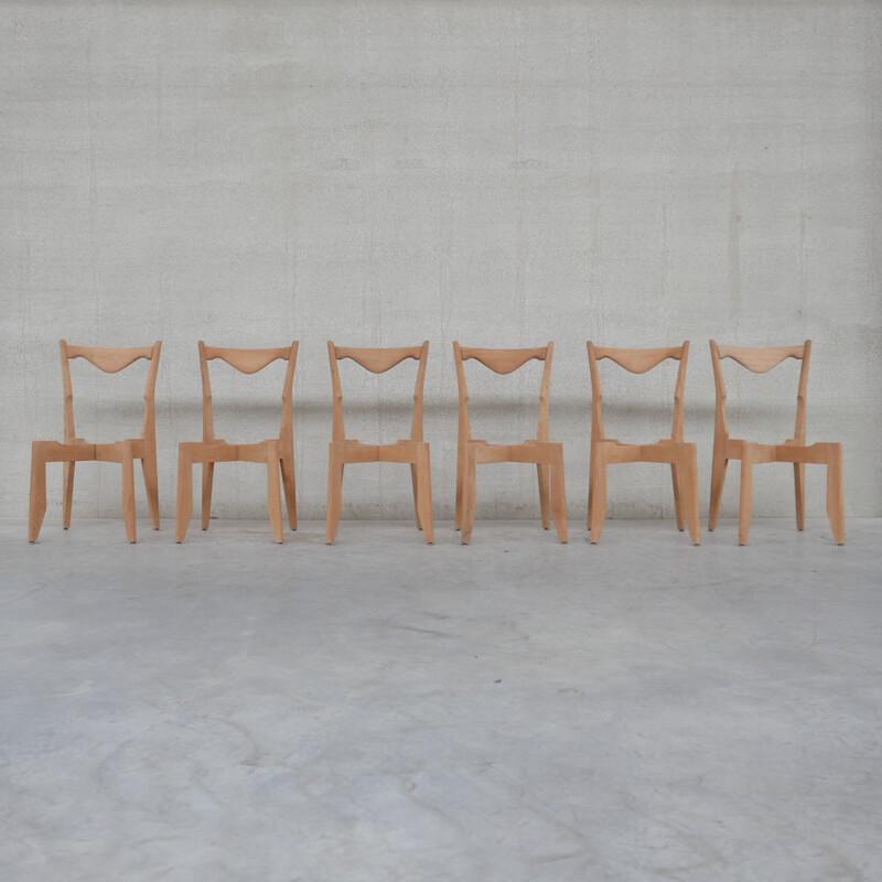 Set of 6 vintage oakwood French chairs by Guillerme et Chambron, 1960s