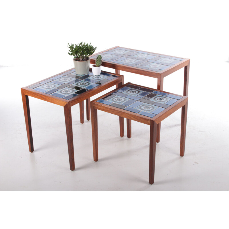 Vintage rosewood nesting tables with ceramic tabletop, Denmark 1960s