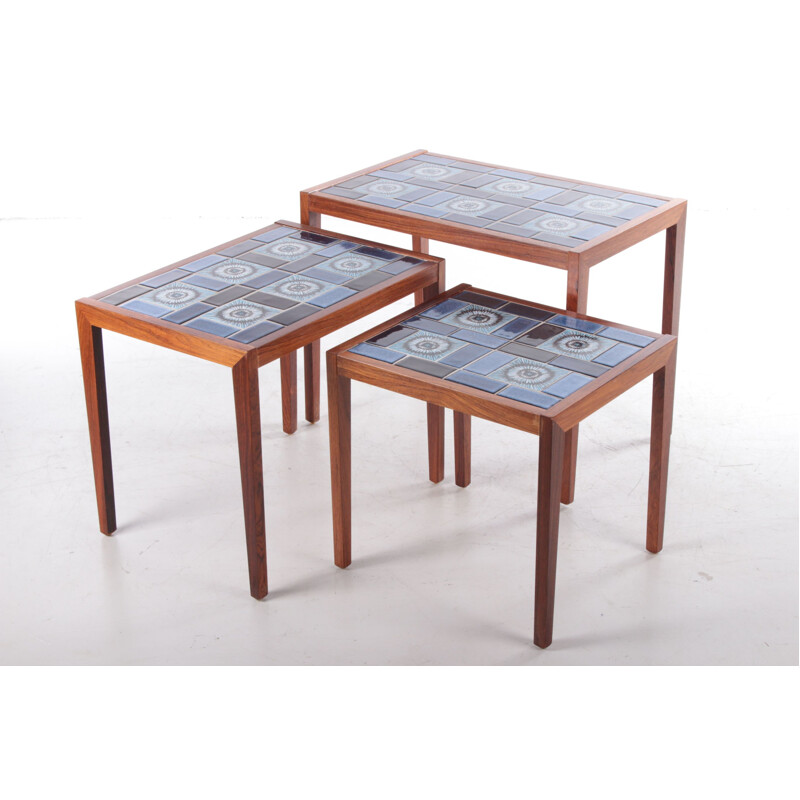 Vintage rosewood nesting tables with ceramic tabletop, Denmark 1960s