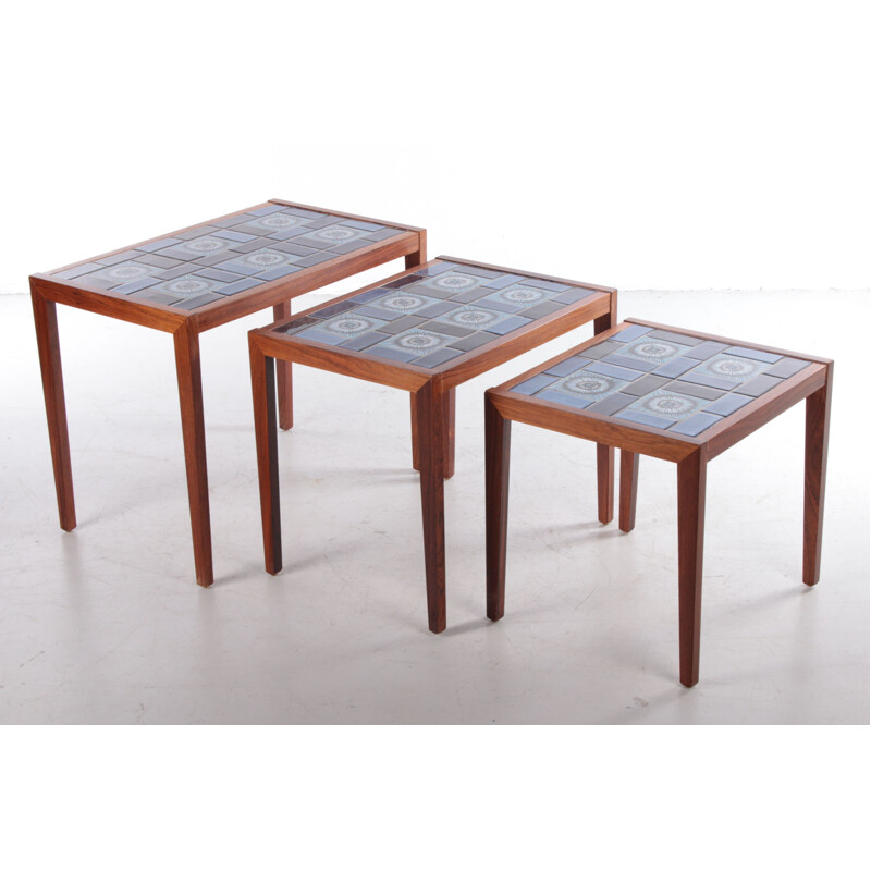 Vintage rosewood nesting tables with ceramic tabletop, Denmark 1960s