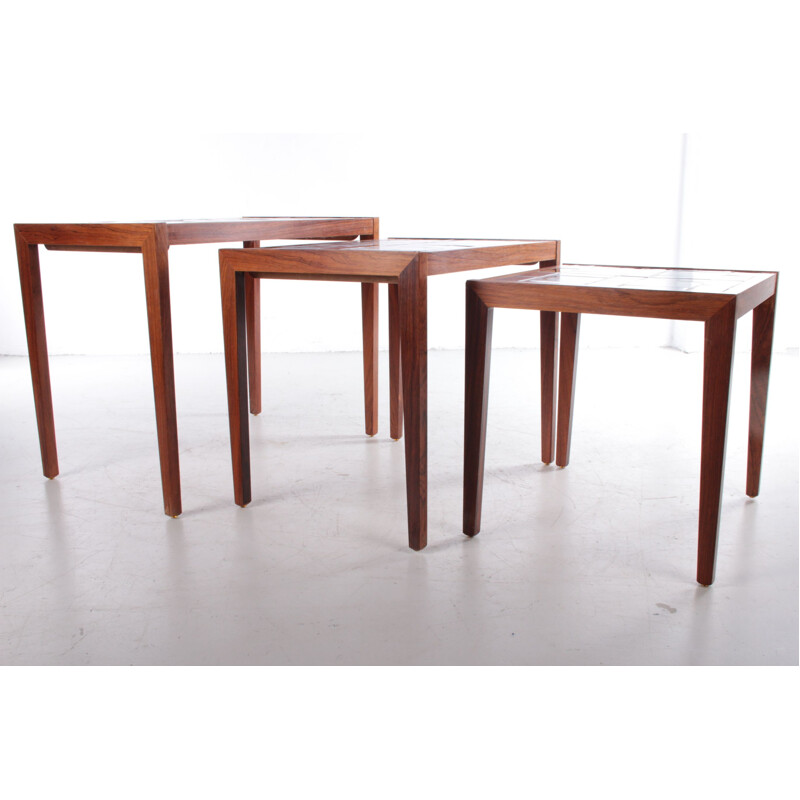 Vintage rosewood nesting tables with ceramic tabletop, Denmark 1960s