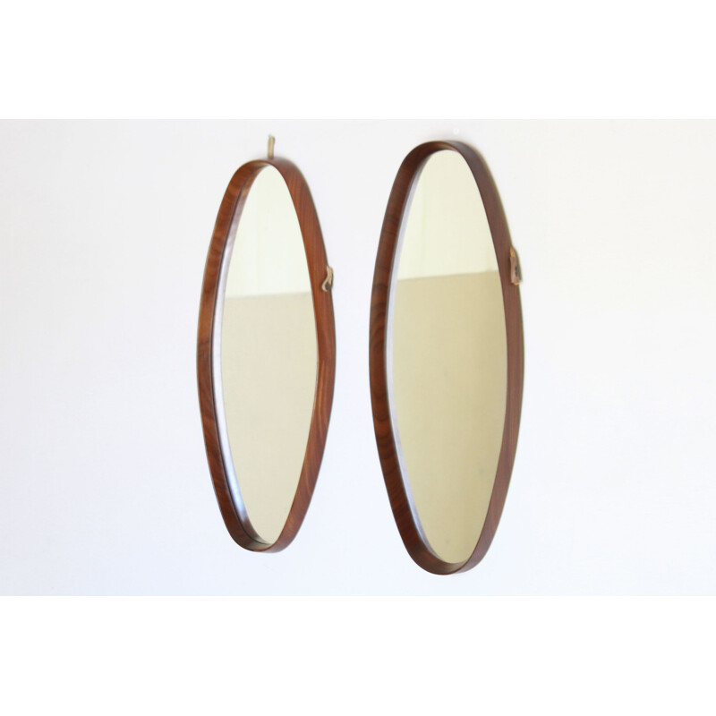 Pair of vintage scandinavian oval teak mirrors, 1960s