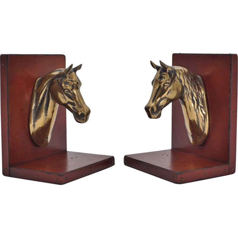 Pair of vintage French horse bookends in brass & leather, 1950s