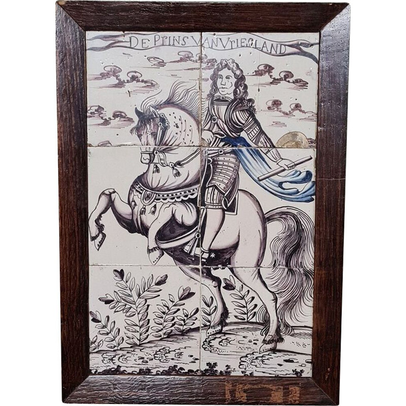 Vintage ceramic tile painting with oak frame, Netherlands 1730