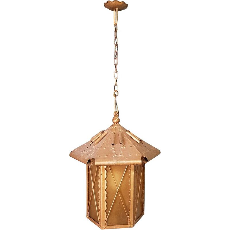 Candeeiro suspenso exterior Vintage em metal dourado com vidro castanho