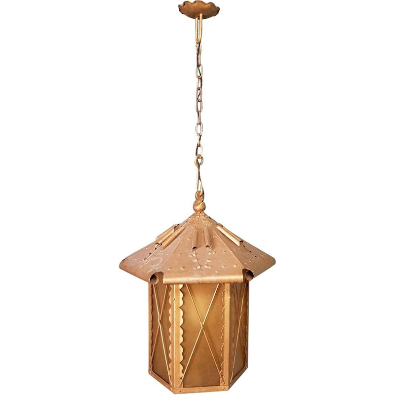 Vintage outdoor pendant lamp in gold metal with brown glass