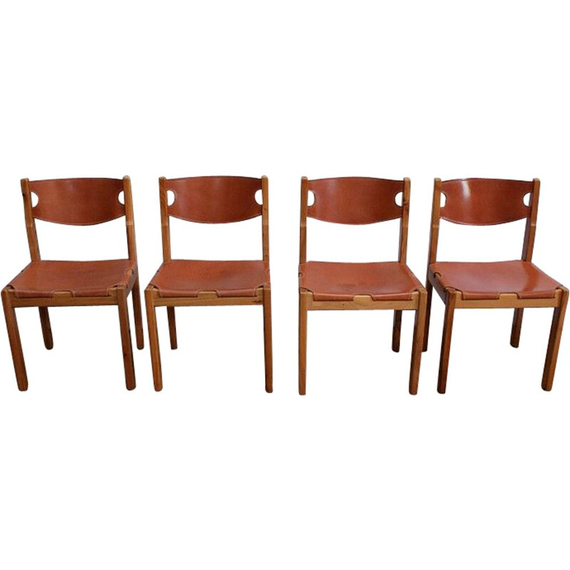 Set of 4 vintage solid elmwood and leather chairs by Maison Regain, 1960 