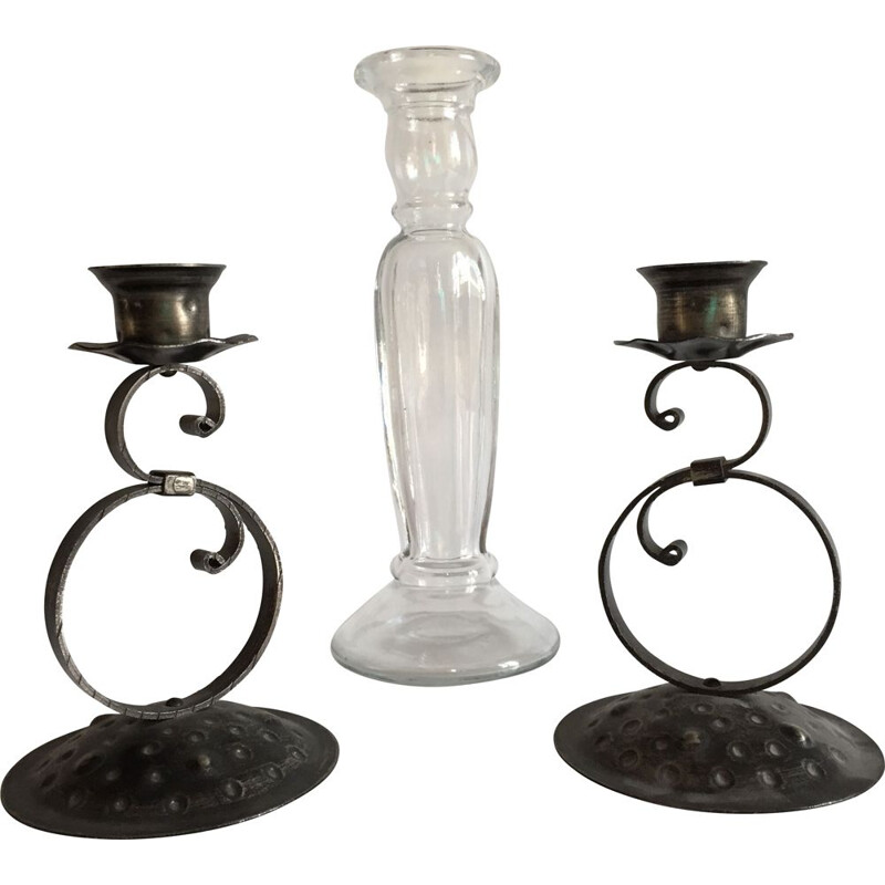 Set of 3 vintage glass and metal candlesticks