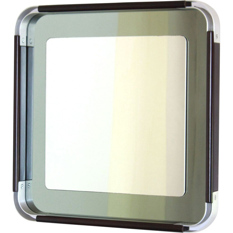 Miroir carré vintage avec cadre chromé et bakélite, 1970