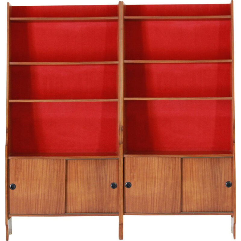 Vintage modular teak and red velvet bookcase, 1960s