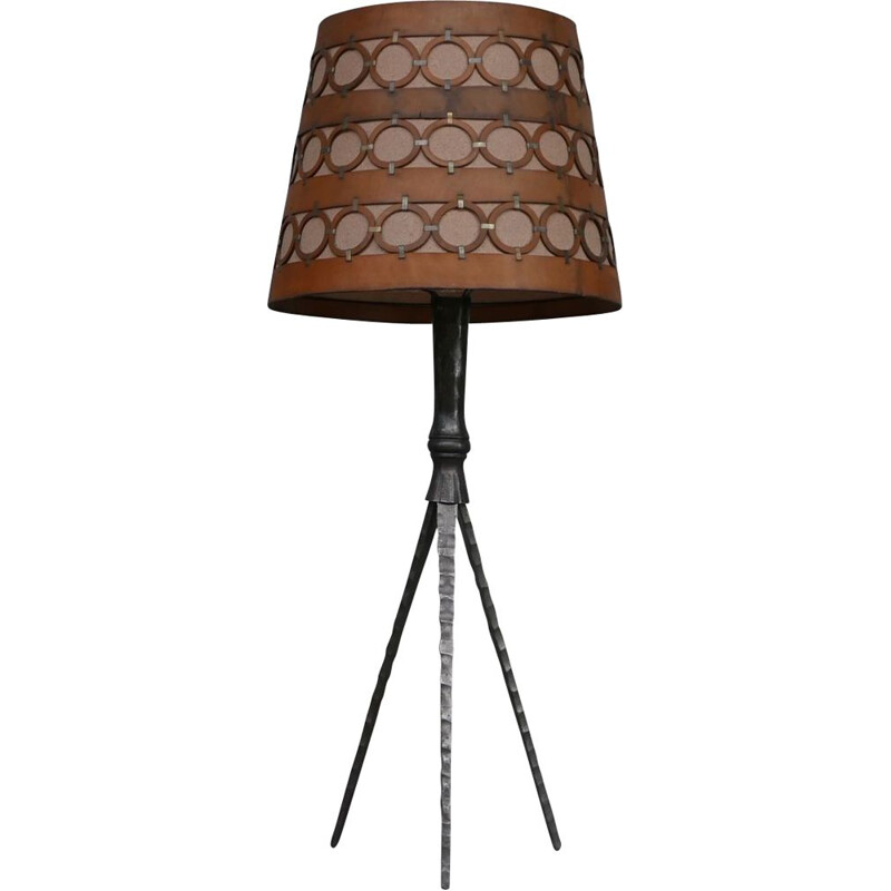 Iron and leather Brutalist mid-century Spanish floor lamp, 1950s