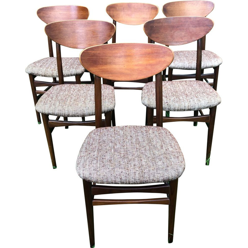 Set of 6 vintage Scandinavian chairs in teak and marled brown and white wool, 1960s