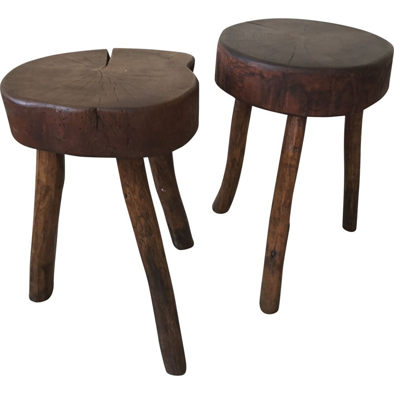 Pair of vintage brutalist stools in solid wood, 1950