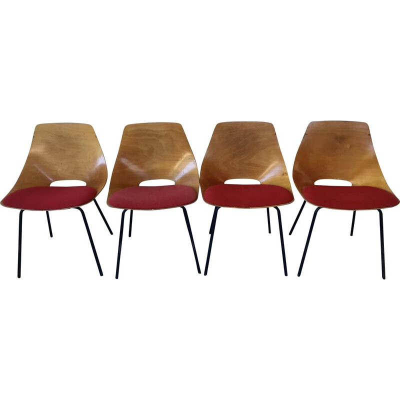 Ensemble de 4 chaises tonneau vintage par Pierre Guariche pour Steiner, 1950