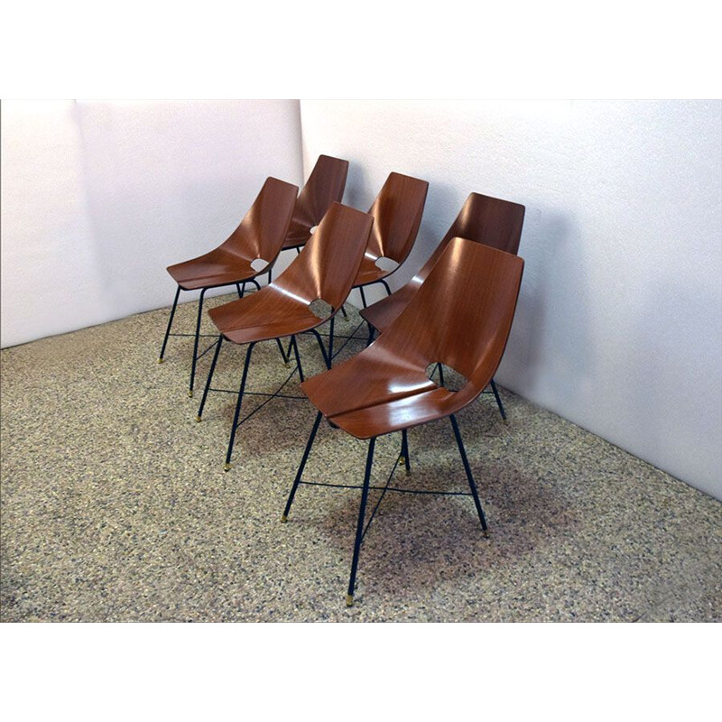Ensemble de 6 chaises vintage en palissandre par la Società Italiana Compensati Curvati, 1950