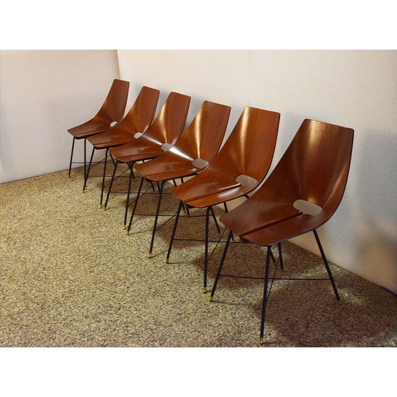 Ensemble de 6 chaises vintage en palissandre par la Società Italiana Compensati Curvati, 1950
