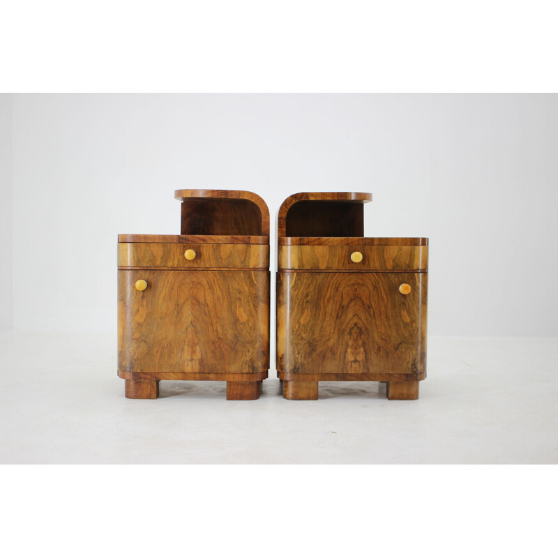 Pair of vintage walnut Art deco night stands, Czechoslovakia 1940s