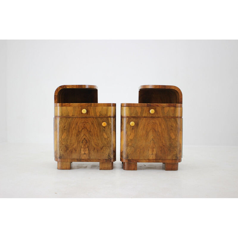 Pair of vintage walnut Art deco night stands, Czechoslovakia 1940s