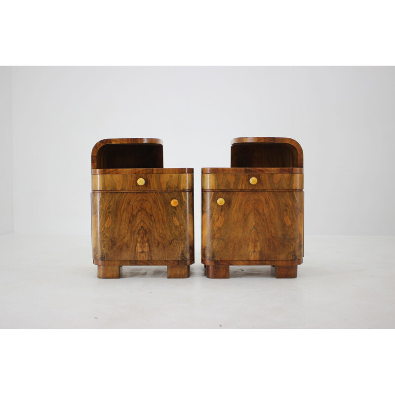 Pair of vintage walnut Art deco night stands, Czechoslovakia 1940s