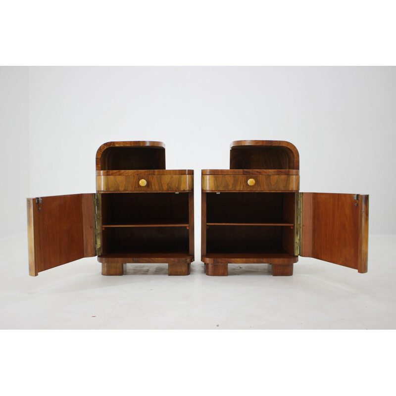 Pair of vintage walnut Art deco night stands, Czechoslovakia 1940s