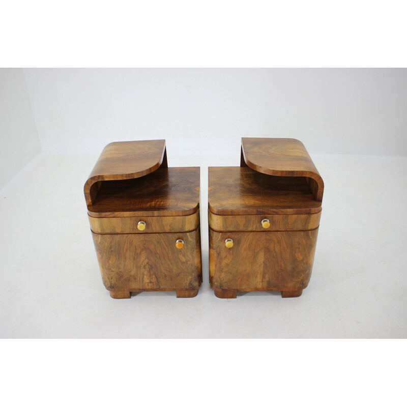 Pair of vintage walnut Art deco night stands, Czechoslovakia 1940s